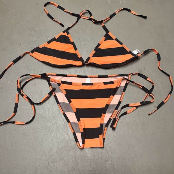 NWOT One Size Orange And Black Striped Bikini - Picture 1 of 7
